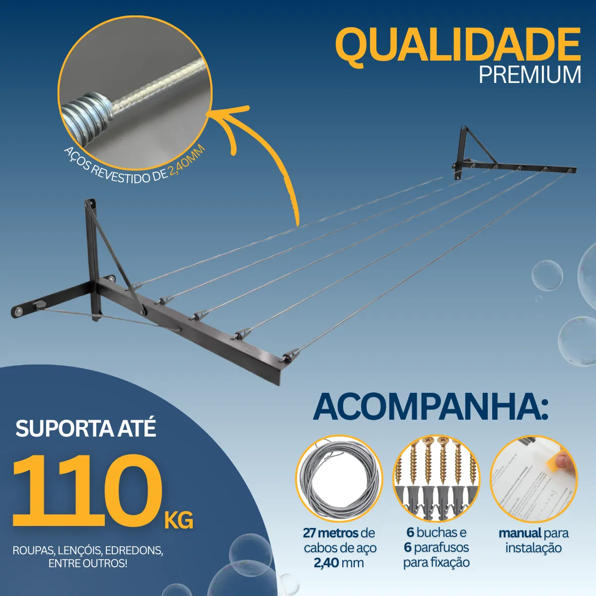Varal de Muro e Parede Articulado Reforçado Retrátil — Aço 3 mm, Corda de Aço 110 kg — imagem 5