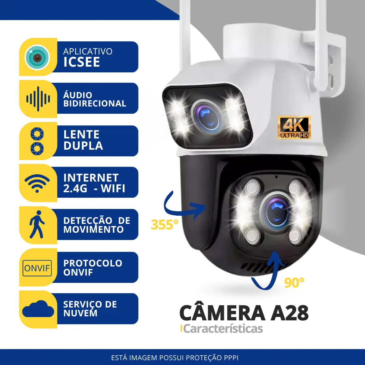 Câmera de Segurança Wi-Fi A28 4K App iCSee — Visão Noturna e Som — imagem 6