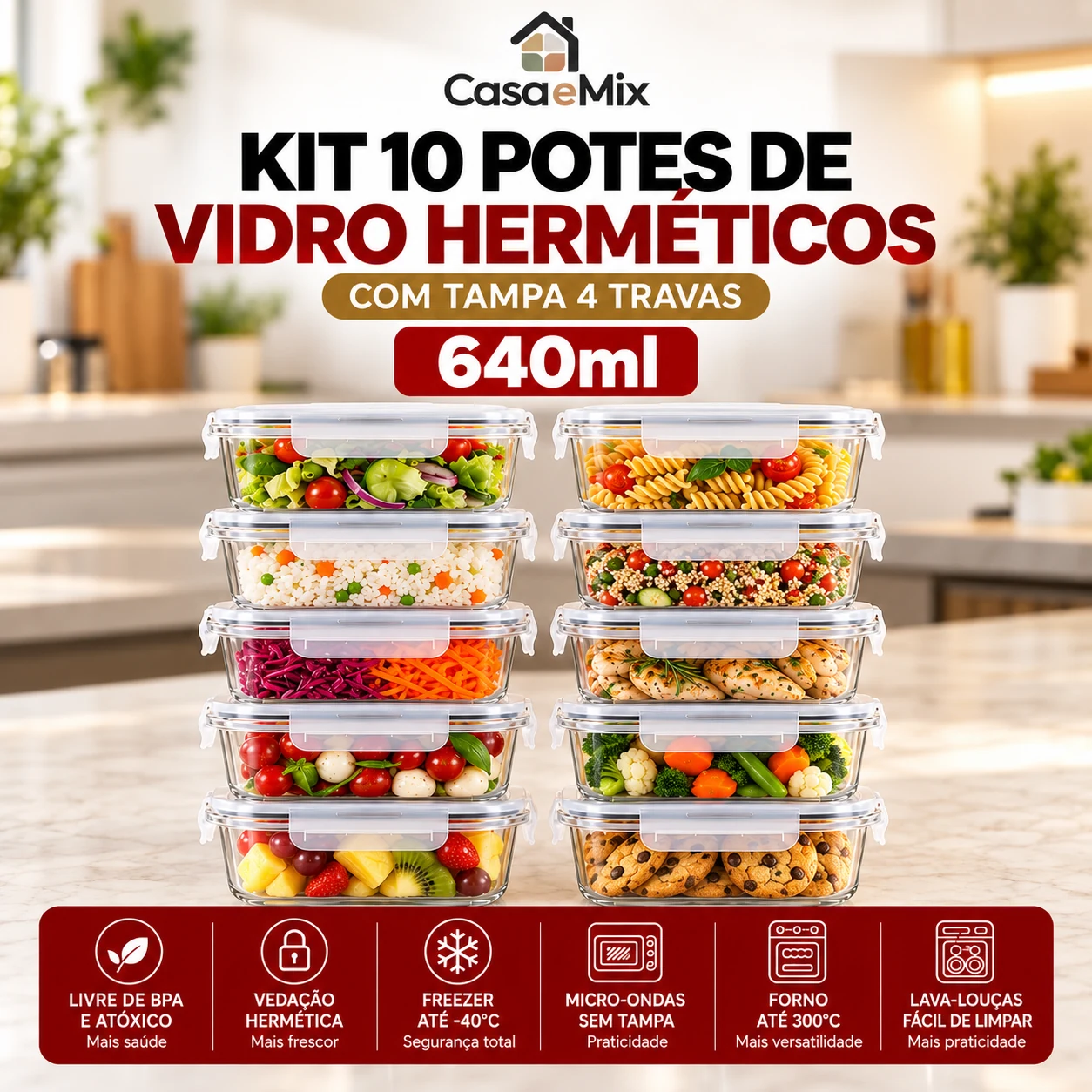 Kit Potes Herméticos de Vidro 640ml — Marmita Forno, Micro-ondas e Airfryer