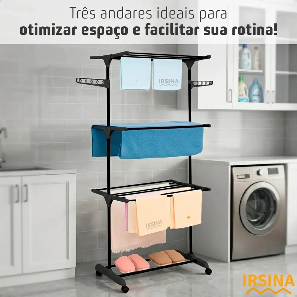 Varal de Chão Grande 3 Andares Dobrável com Rodinhas e Abas Laterais — imagem 4