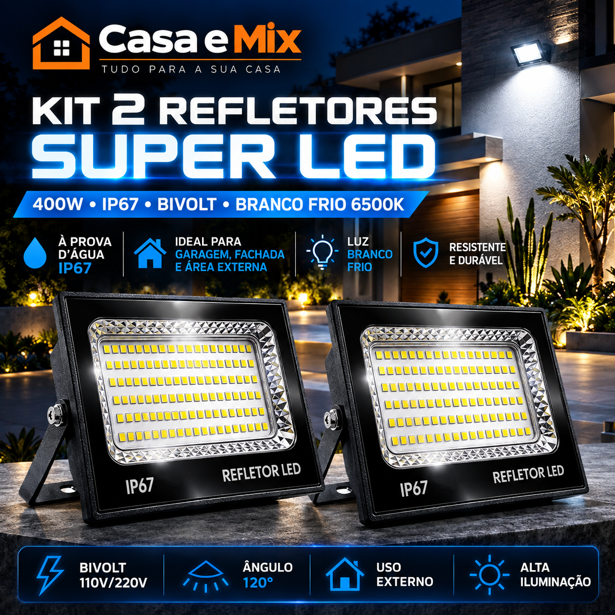 Refletor Super LED 400W IP67 Bivolt — Branco Frio 6500K à Prova d'Água — imagem 3
