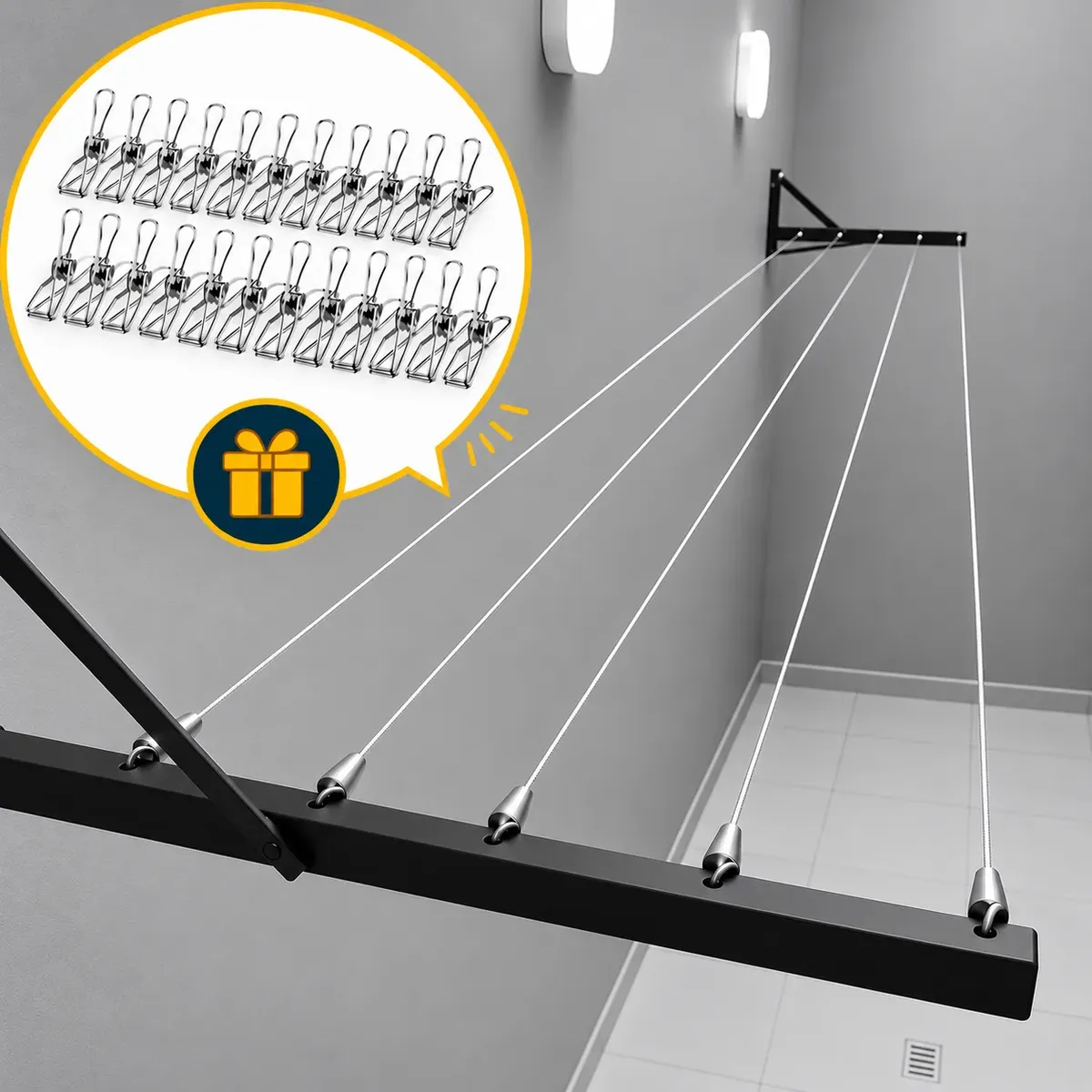 Varal de Muro e Parede Articulado Reforçado Retrátil — Aço 3 mm, Corda de Aço 110 kg — imagem 2