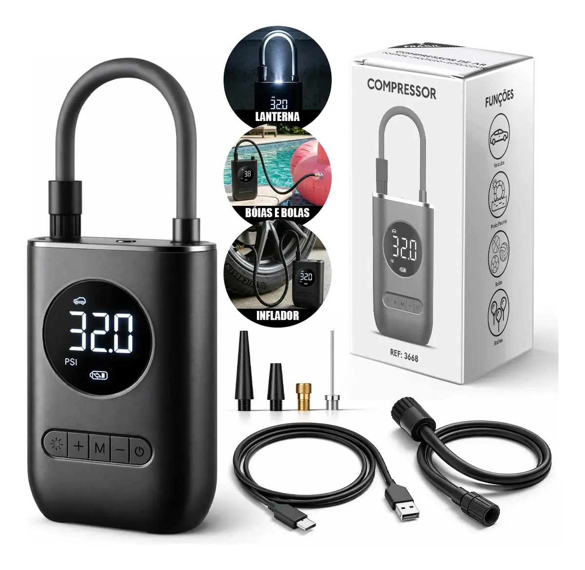 Mini Compressor de Ar Digital Portátil Recarregável USB-C — Sem Fio