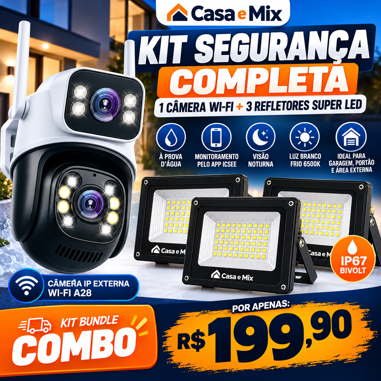 Refletor Super LED 400W IP67 Bivolt — Branco Frio 6500K à Prova d'Água