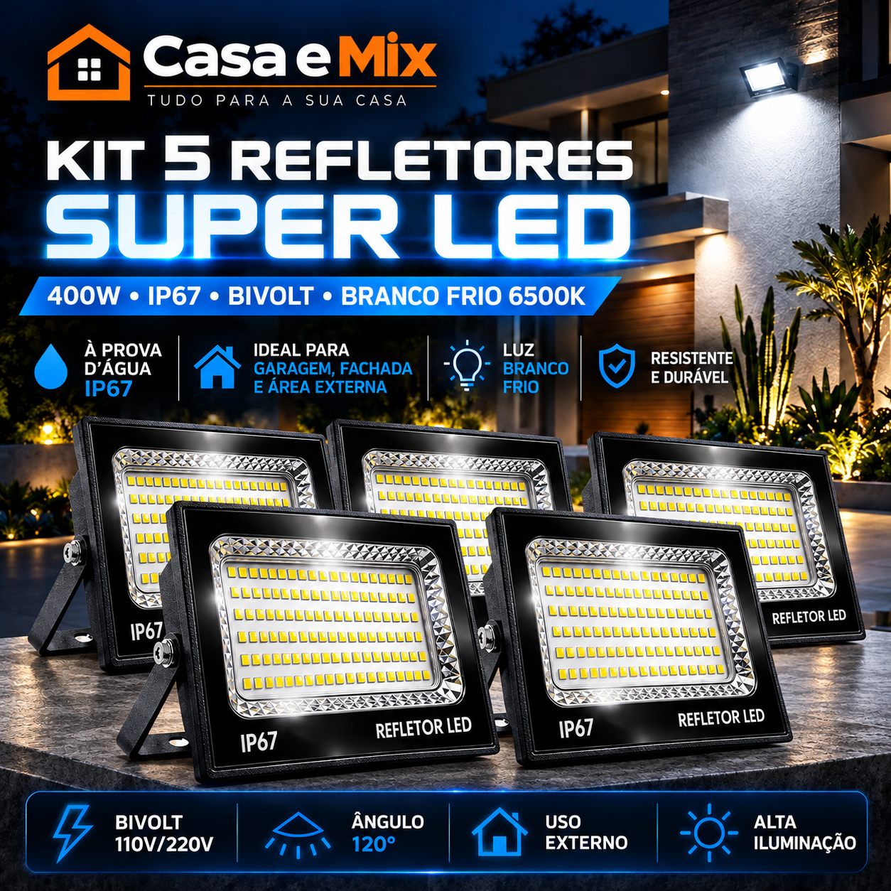 Refletor Super LED 400W IP67 Bivolt — Branco Frio 6500K à Prova d'Água — imagem 2