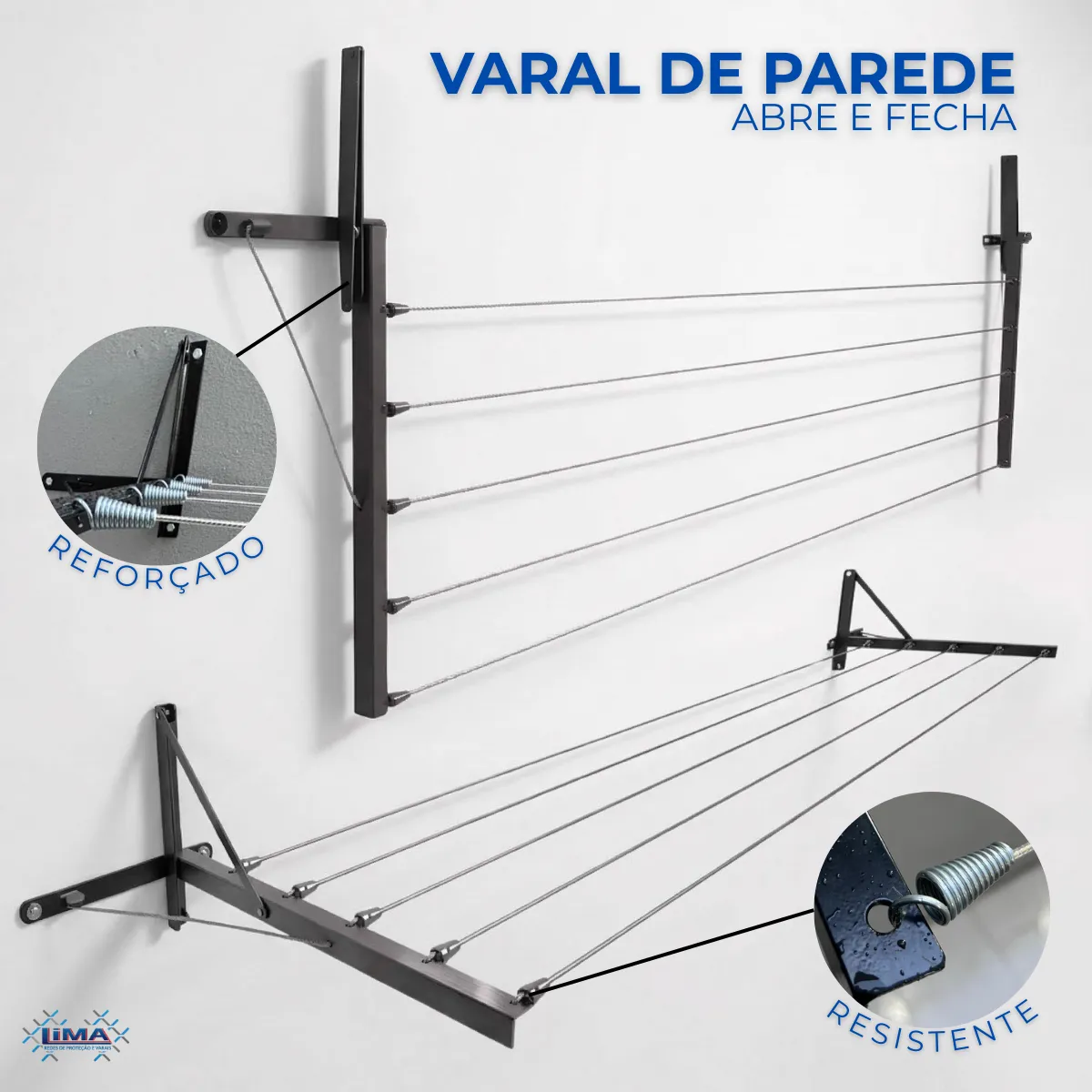 Varal de Muro e Parede Articulado Reforçado Retrátil — Aço 3 mm, Corda de Aço 110 kg — imagem 6