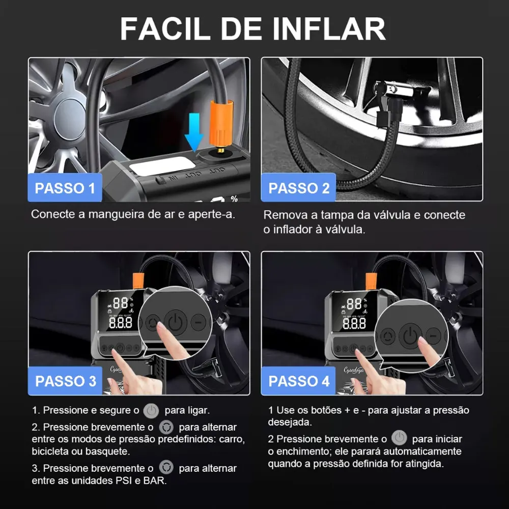Auxiliar de Partida 4 em 1 com Compressor de Ar 150 PSI, Power Bank e Lanterna SOS — imagem 5